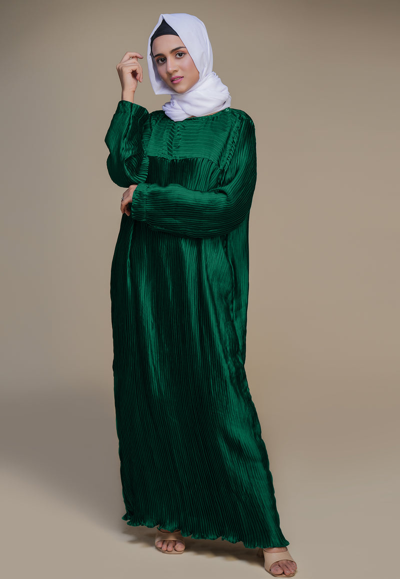Rhinestone Pleat Abaya - Green