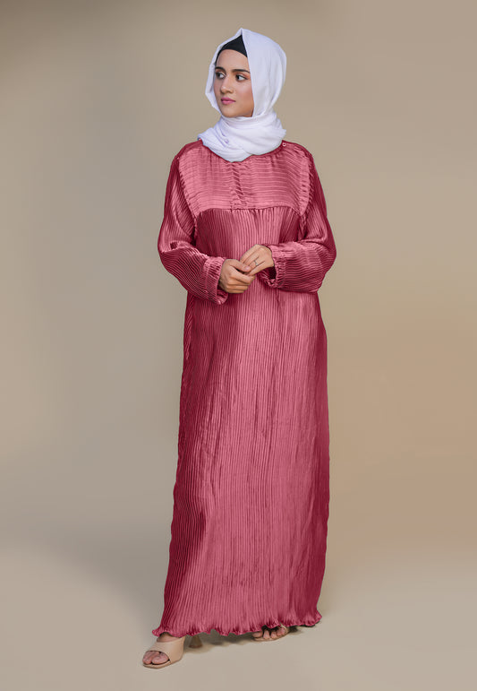 Rhinestone Pleat Abaya - Salmon Pink