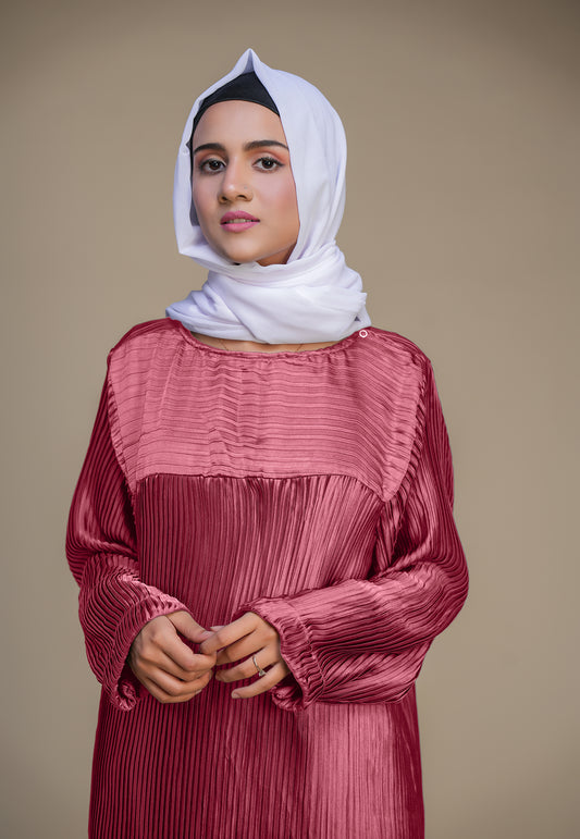 Rhinestone Pleat Abaya - Salmon Pink