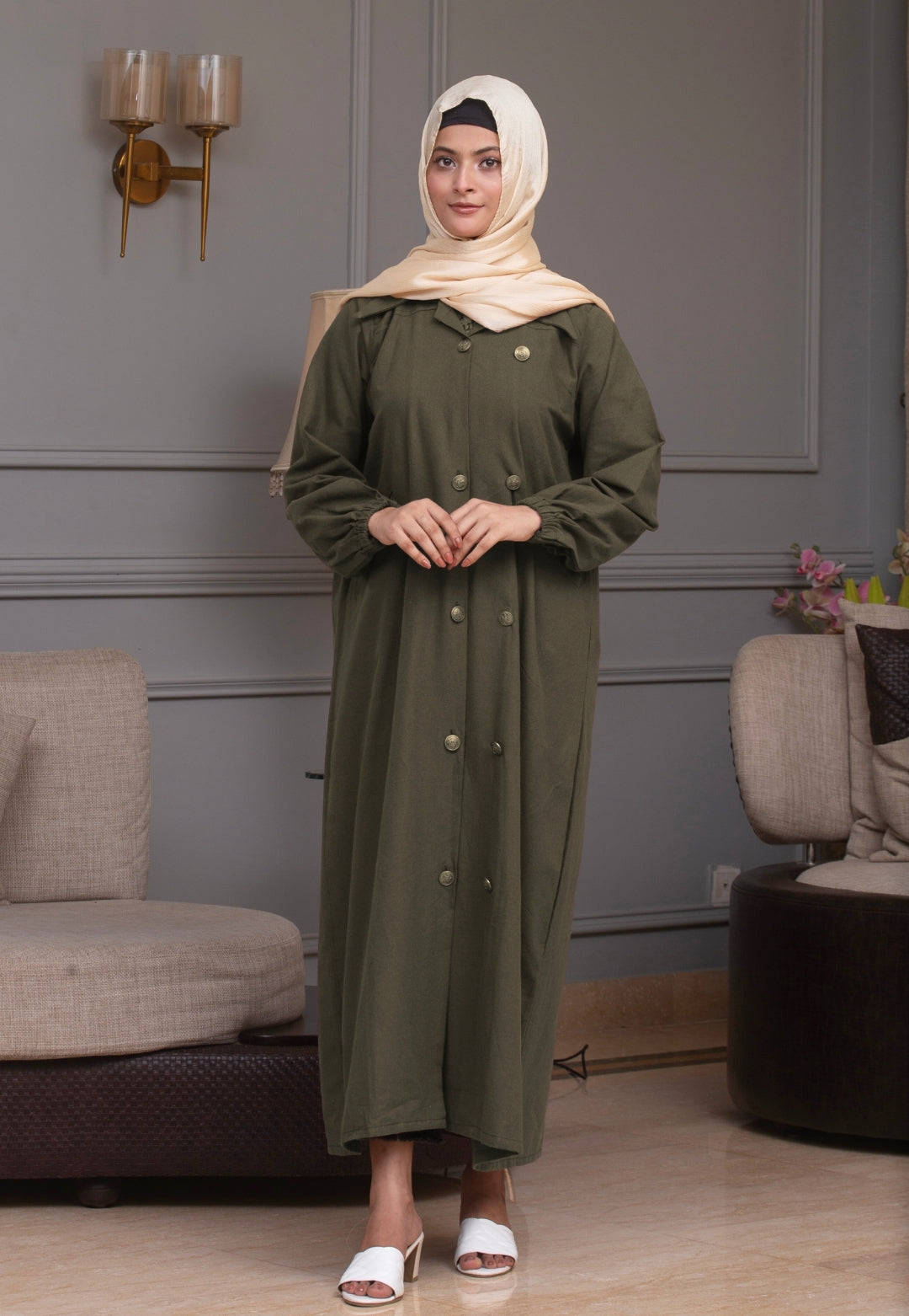 Berry Denim Abaya - Olive Green