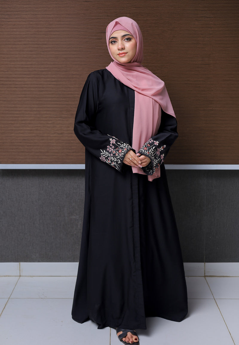Rose Embroidered Cuff Abaya
